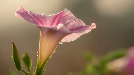 Morning glory flower with dew droplets on delicate petals in soft morning light. gardening catalogs, home-decor guides, designed for home decor and floral branding, celebrates nature.