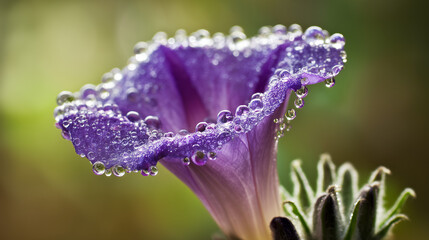 Morning glory flower with dew droplets on delicate petals in soft morning light. gardening catalogs, home-decor guides, designed for home decor and floral branding, celebrates nature.