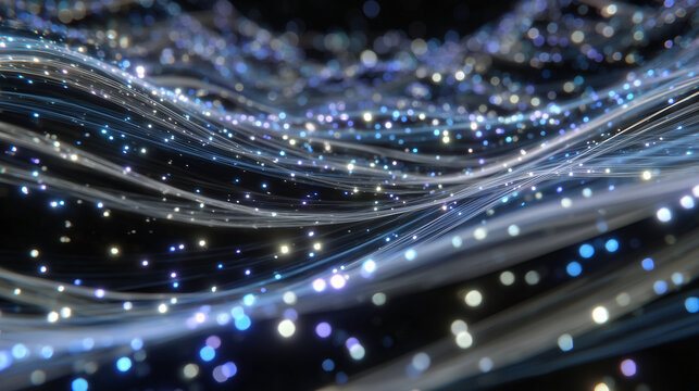 Hypnotic abstract pattern of intertwining luminous waves and bright glitter particles, evoking digital movement and futuristic motion