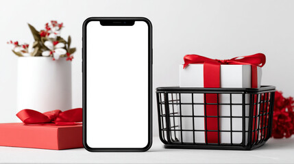 Showcase your brand with this modern smartphone mockup next to elegant gifts and flowers for a seasonal promotion