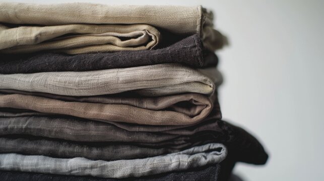 A stack of neatly folded linen fabric in various neutral colors including beige, gray, and brown. The texture is soft and inviting, suitable for home decor.