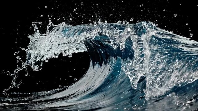 A dynamic image captures the crest of a wave frozen mid-action against a deep black background