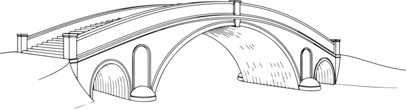 Classic Arched Stone Bridge Line Drawing Illustration