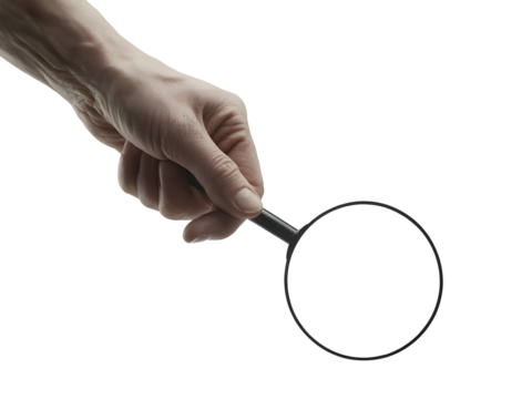 Hand holding magnifying glass isolated on transparent background