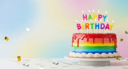 A colorful birthday cake with lit candles on a white table with confetti and a rainbow background.