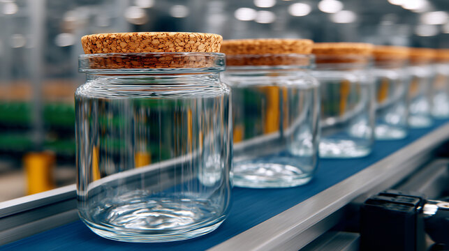 Close-up view of empty glass jars gliding on an automated production line, soft reflections highlighting smooth glass textures and cork details