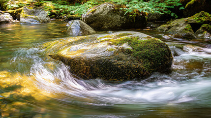 Forest stream water flowing around a mossy rock, creating whirlpools in sunlight. travel magazines, destination branding, designed for outdoor magazines and nature guides.