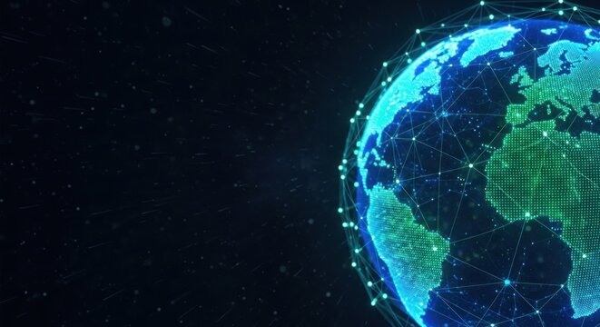 A globe with a network of connections against a dark background.