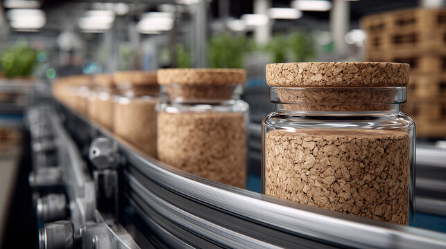 Industrial production line featuring cork-sealed glass jars rolling smoothly on a metallic belt, capturing the blend of tradition and technology