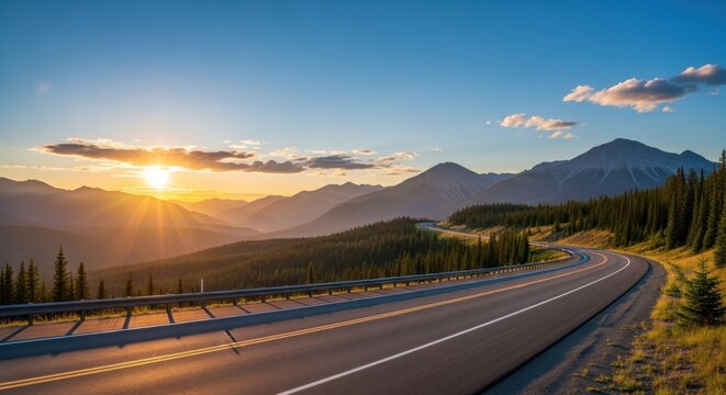 A winding road through a mountainous landscape at sunset, with a clear blue sky and scattered clouds.