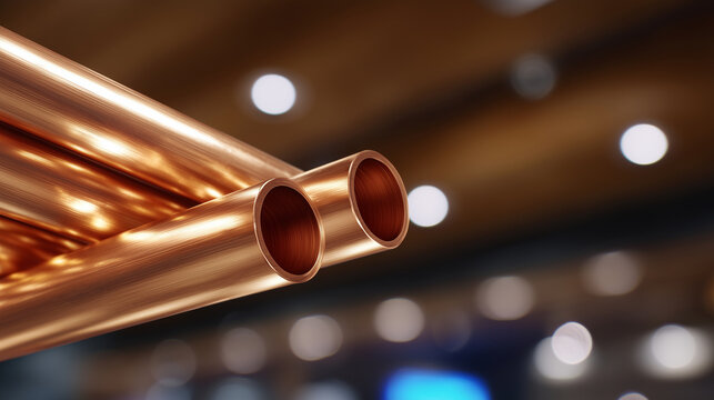 High-resolution image of gleaming copper tubes bundled together, reflecting light from ceiling fixtures, captured with shallow depth of field and cinematic focus