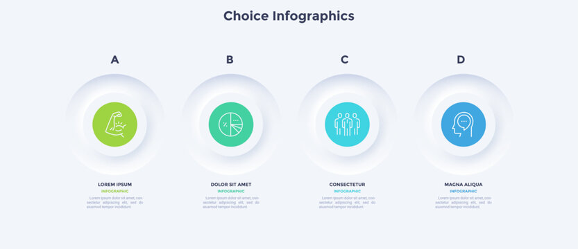 Four round buttons placed in horizontal row. Concept of 4 successive stages of business project development process. Neumorphic infographic design template. Modern vector illustration for banner.