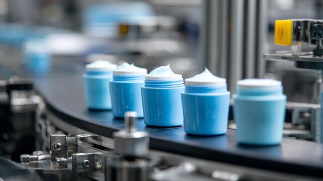 Production line white cosmetic bottle tubes on conveyor in modern factory. Concept of skincare manufacturing, automation, and packaging. Ideal for industry, technology, and beauty themes.
