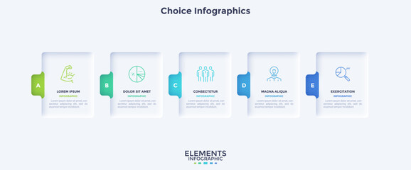 Five rectangular cards arranged in horizontal row. Concept of 5 options of business project to select. Simple infographic design template. Modern neumorphic vector illustration for data visualization.
