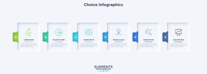 Six rectangular cards arranged in horizontal row. Concept of 6 options of business project to select. Simple infographic design template. Modern neumorphic vector illustration for data visualization.