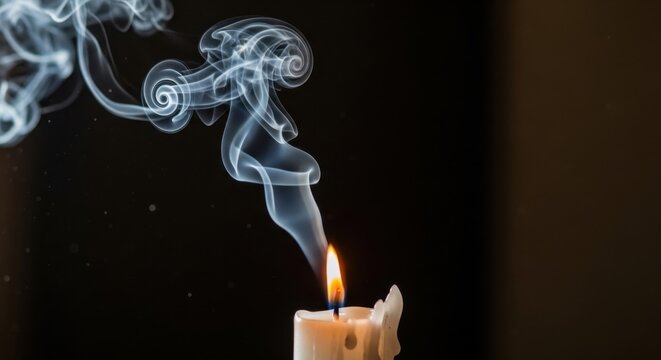 Candle flame burns steadily casting light into the darkness with smoke rising and swirling creating an abstract pattern against a dark background symbolizing hope and remembrance.