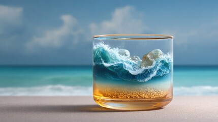 Ocean infused cocktail art with surreal beach scene for unique beverage design inspiration