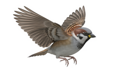 A detailed close up photograph of a small brown sparrow bird in mid flight with its wings spread wide isolated on transparent background