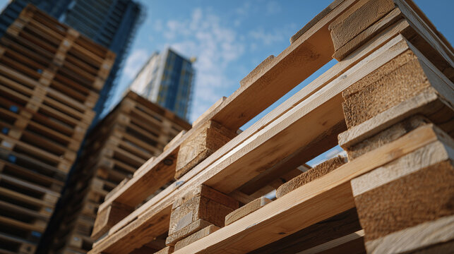 Low-angle view of stacked wooden pallets extending upward, natural light filtering from tall windows, emphasizing height and repetition