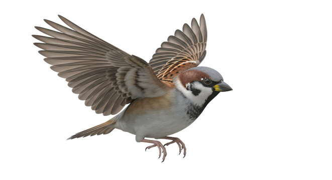 A detailed close up photograph of a small brown sparrow bird in mid flight with its wings spread wide isolated on transparent background