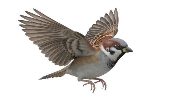 A detailed close up photograph of a small brown sparrow bird in mid flight with its wings spread wide isolated on transparent background