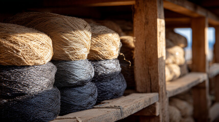 Close-up of fishing nets folded precisely on wooden shelves, fine fibers glistening under sunlight, conveying order, cleanliness, and maritime craftsmanship