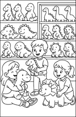 Fototapeta premium hand drawn vector illustration of Dino Plush Toy Shop coloring page for kids