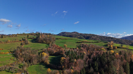 Aerial drone photo capturing the natural beauty of Slovenia. Scenic landscapes, forests, rivers, and mountains showcasing the country’s diverse and pristine environment.default