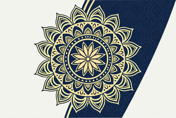 Intricate Golden Mandala on Dark Blue and White Background