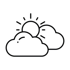 Black and white line drawing of the sun partially covered by two clouds