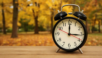 Daylight savings time. Black alarm clock with time change on wooden table. Fall Back one hour. Autumn trees and leaves background. Fall back time