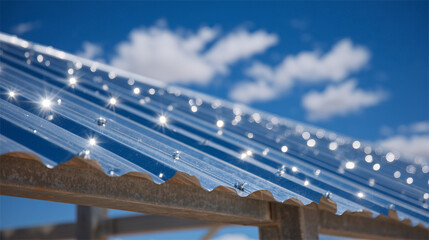 Close-up of metal roofing sheets being installed, rivets glinting in sunlight, precise geometry of overlapping panels creating modern industrial rhythm