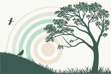 Silhouette of Tree and Birds with Abstract Circles
