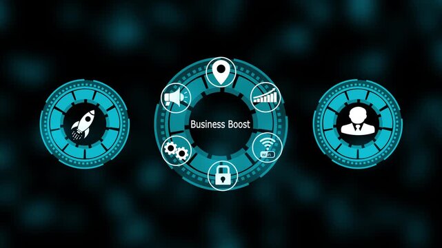 Futuristic Business Boost Concept with Digital Technology Icons, Startup Rocket, Marketing Growth, and Corporate Innovation Background , with video animation.