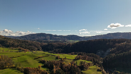 Aerial drone photo capturing the natural beauty of Slovenia. Scenic landscapes, forests, rivers, and mountains showcasing the country’s diverse and pristine environment.default