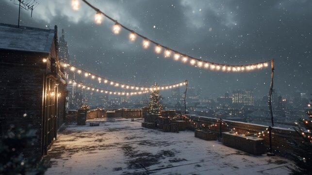 A snowy rooftop with a Christmas light, - Powered by Adobe