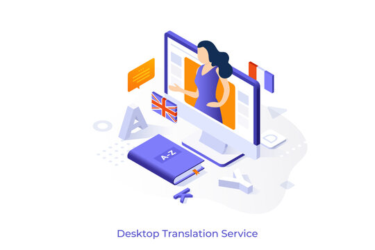 Conceptual template with woman translator on computer screen. Scene for desktop translation services, online foreign language learning course. Modern isometric vector illustration for website.