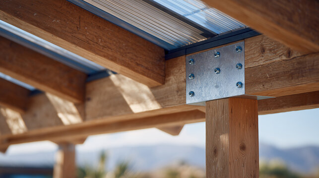 Close-up view of roof intersection with layered materials and fasteners, architectural precision enhanced by soft diffused daylight