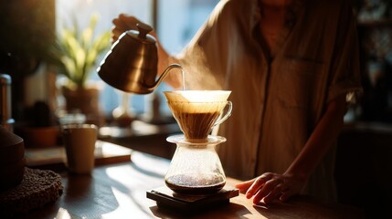 Woman pouring hot water into a coffee filter for a pour over coffee in her kitchen Making coffee at home with natural lighting
