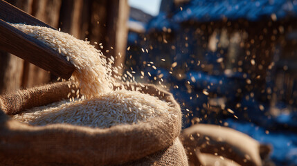 Detailed shot of rice spilling from an open sack, sunlight highlighting each translucent grain amid a rustic industrial storage backdrop