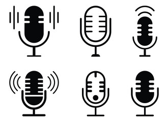 Collation of different podcast microphone icon. Microphones audio podcast vector icon in line and silhouette style. Containing  as Podcast mike, karaoke, journalist microphone etc. Vector illustration
