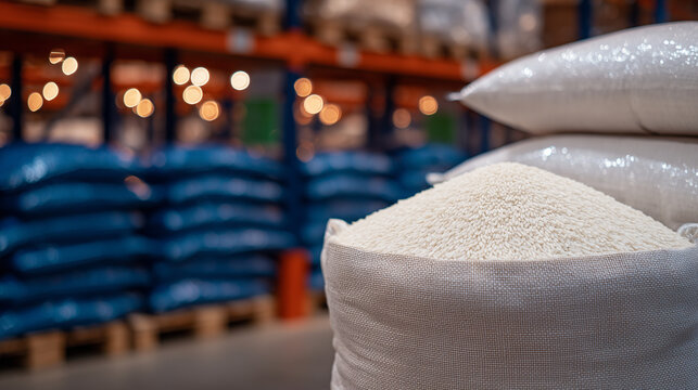 Close-up of white sacks filled with rice neatly stacked in a warehouse, one open to reveal polished white grains catching soft ambient light
