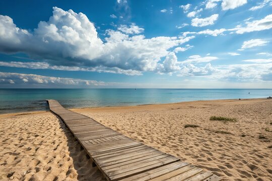 Wooden boardwalk leads to a serene sandy beach under a dramatic cloudy sky - Powered by Adobe