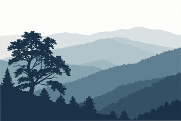 Naklejka premium Silhouetted Tree on Hilltop Overlooking Misty Mountains