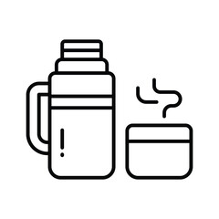 Black outlined thermos with attached mug steaming