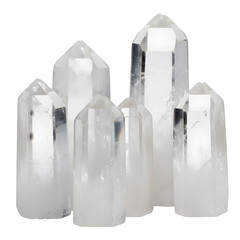 Group Of Six Clear Quartz Crystal Points Isolated On Black Background Studio Shot