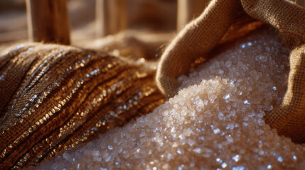 Detailed view of white sugar crystals spilling from an open sack, light reflections creating a shimmering, crystalline texture
