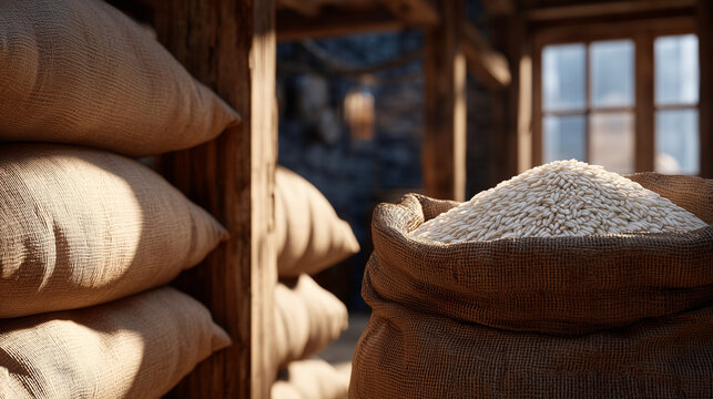 Sacks of rice arranged in a warehouse with diffused daylight filtering through windows, open bag displaying soft, pearl-like grains