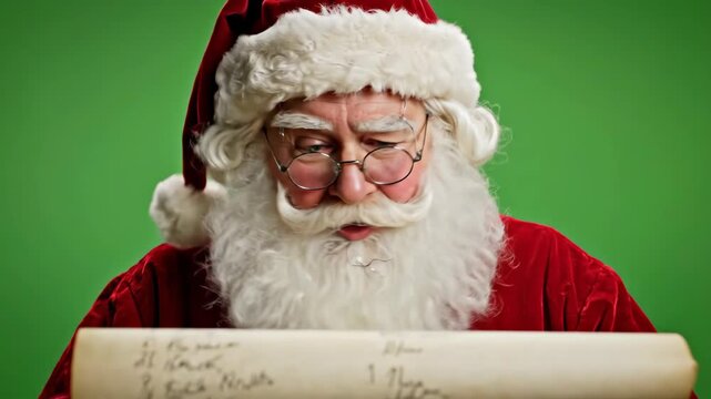 Santa intently reviews his list against a vibrant green backdrop, adding a touch of festive wonder to your holiday campaign