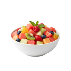 Healthy Fresh Fruit Salad In White Bowl With Mint Garnish Isolated On Black Background With Soft Lighting